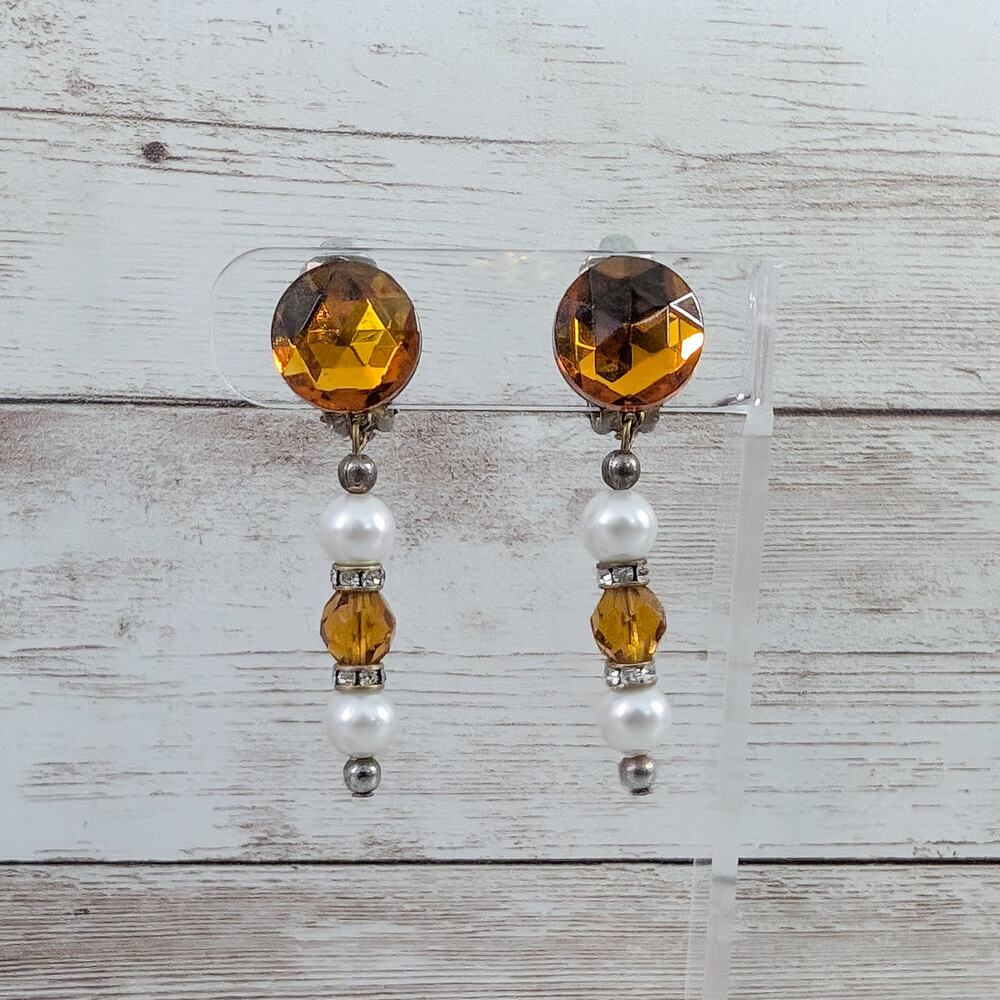 Vintage Clip On Earrings Dark Orange & Faux Pearl Dangle Long